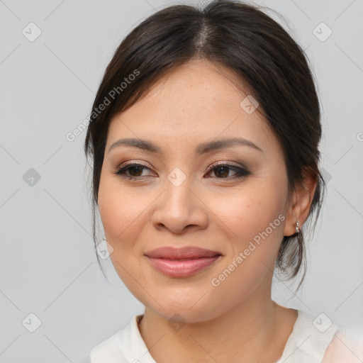 Joyful white young-adult female with medium  brown hair and brown eyes