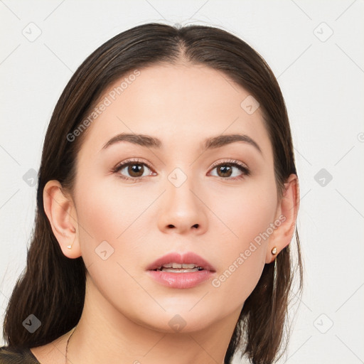 Neutral white young-adult female with long  brown hair and brown eyes