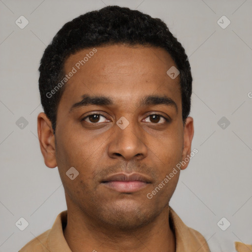 Neutral latino young-adult male with short  black hair and brown eyes