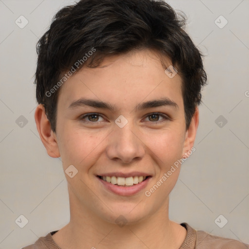 Joyful white young-adult female with short  brown hair and brown eyes