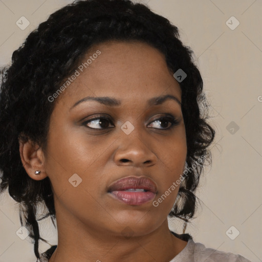 Neutral black young-adult female with medium  brown hair and brown eyes