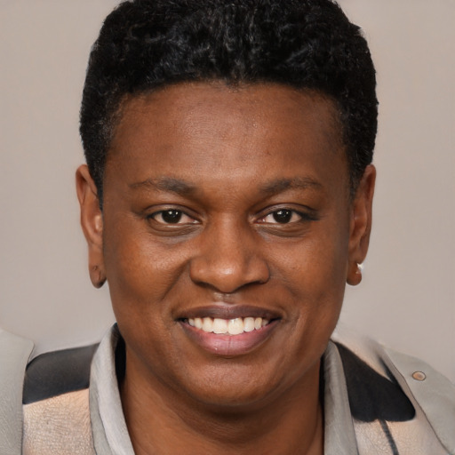 Joyful black young-adult male with short  brown hair and brown eyes