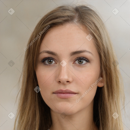 Neutral white young-adult female with long  brown hair and brown eyes