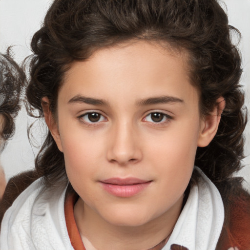 Joyful white child female with medium  brown hair and brown eyes