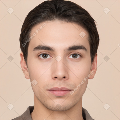 Neutral white young-adult male with short  brown hair and brown eyes