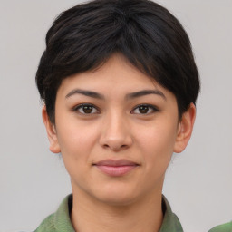 Joyful asian young-adult female with short  brown hair and brown eyes