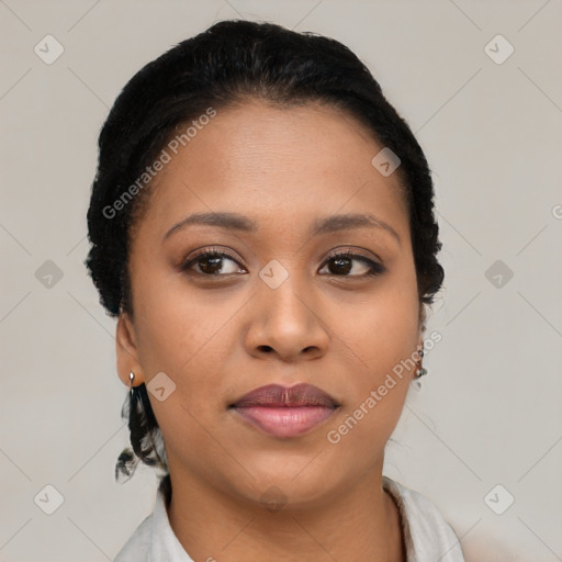 Joyful latino young-adult female with short  black hair and brown eyes