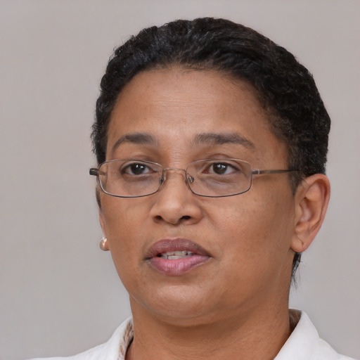 Neutral latino adult female with short  brown hair and brown eyes