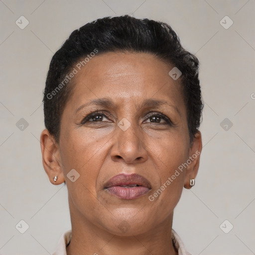 Joyful latino adult female with short  brown hair and brown eyes