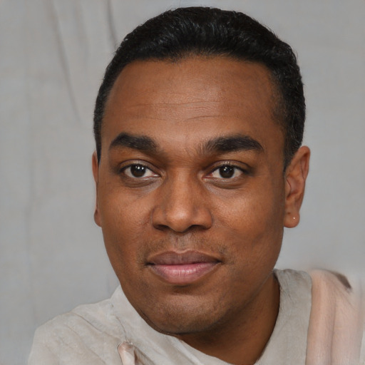 Joyful black young-adult male with short  black hair and brown eyes