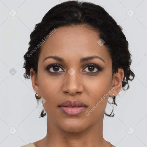 Joyful latino young-adult female with short  black hair and brown eyes