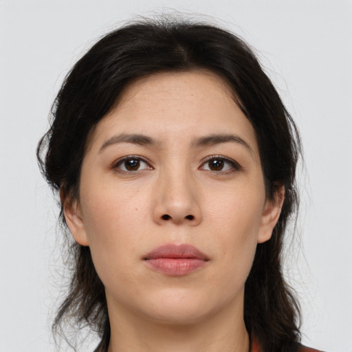 Neutral asian young-adult female with medium  brown hair and brown eyes
