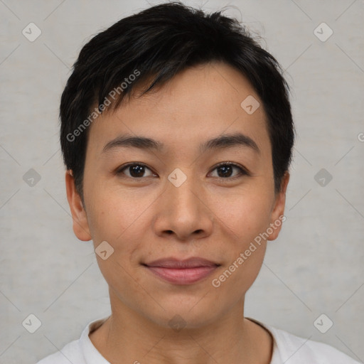 Joyful asian young-adult male with short  black hair and brown eyes