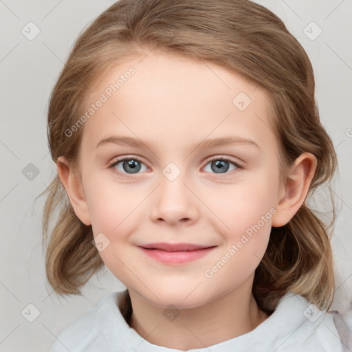 Joyful white child female with medium  brown hair and grey eyes