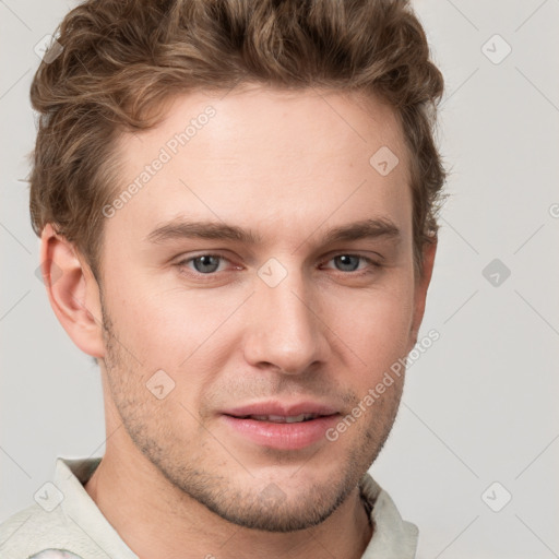 Neutral white young-adult male with short  brown hair and grey eyes