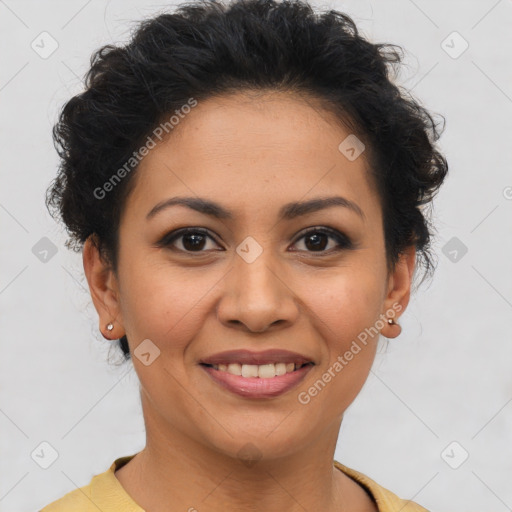 Joyful latino young-adult female with short  brown hair and brown eyes