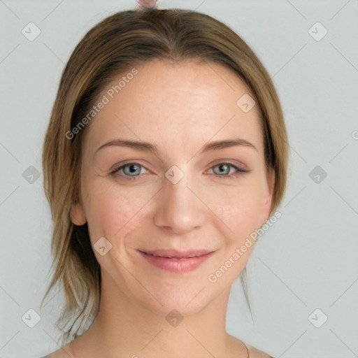 Joyful white young-adult female with medium  brown hair and blue eyes