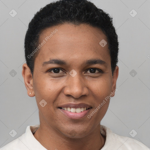 Joyful black young-adult male with short  black hair and brown eyes