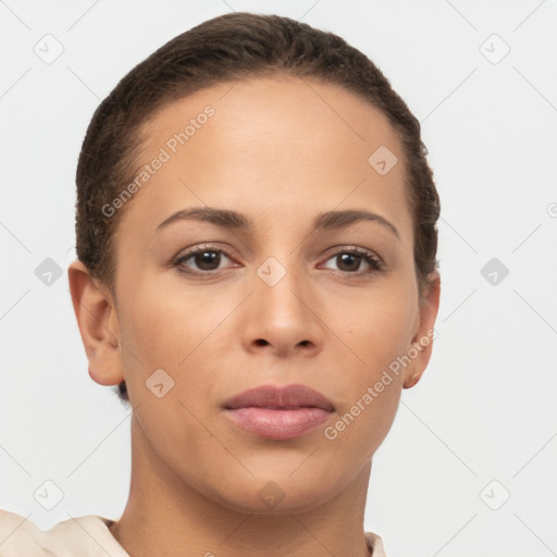 Neutral white young-adult female with short  brown hair and brown eyes