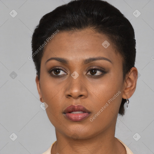 Neutral black young-adult female with short  black hair and brown eyes