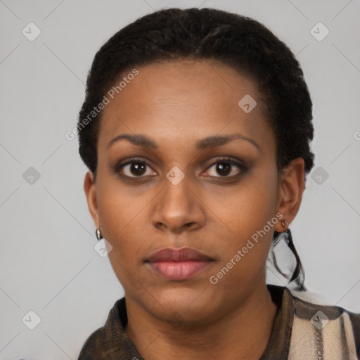 Neutral black young-adult female with short  black hair and brown eyes