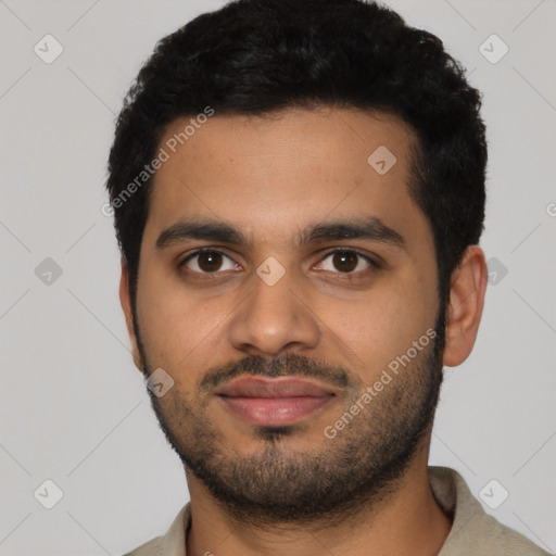 Joyful latino young-adult male with short  black hair and brown eyes