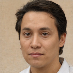 Joyful white adult male with medium  brown hair and brown eyes