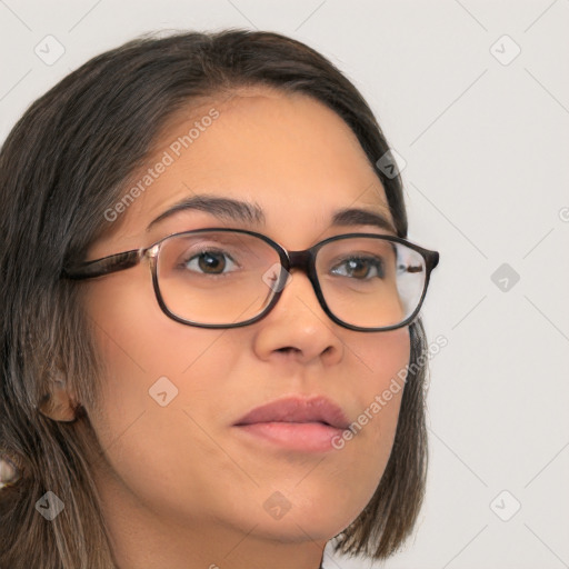 Neutral white young-adult female with medium  brown hair and brown eyes