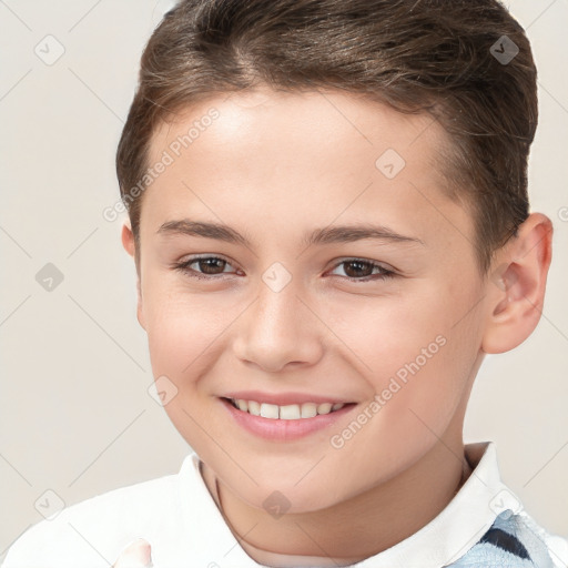 Joyful white child female with short  brown hair and brown eyes