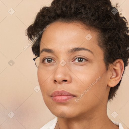 Neutral white young-adult female with short  brown hair and brown eyes