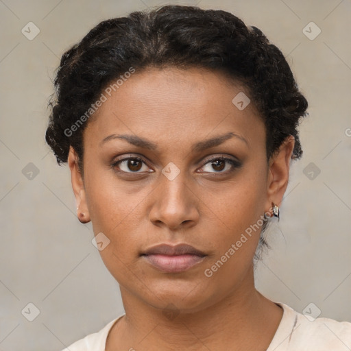 Neutral black young-adult female with short  brown hair and brown eyes