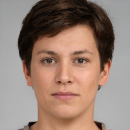 Neutral white young-adult female with short  brown hair and brown eyes