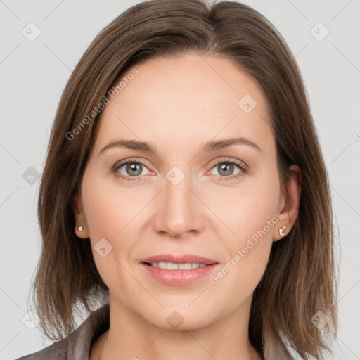 Joyful white young-adult female with medium  brown hair and grey eyes