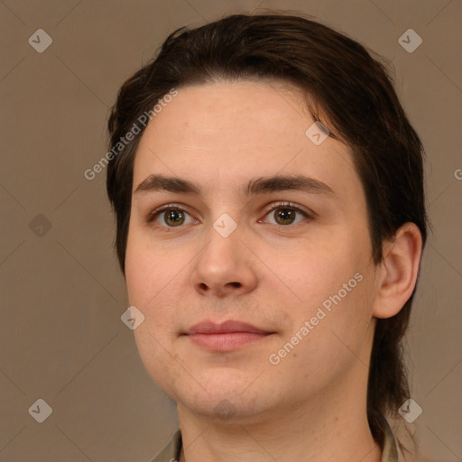 Neutral white young-adult female with medium  brown hair and brown eyes