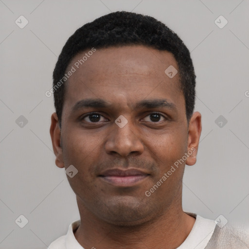 Neutral black young-adult male with short  black hair and brown eyes