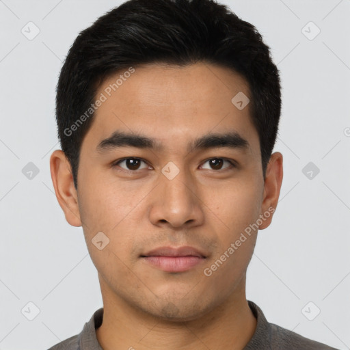 Neutral asian young-adult male with short  black hair and brown eyes