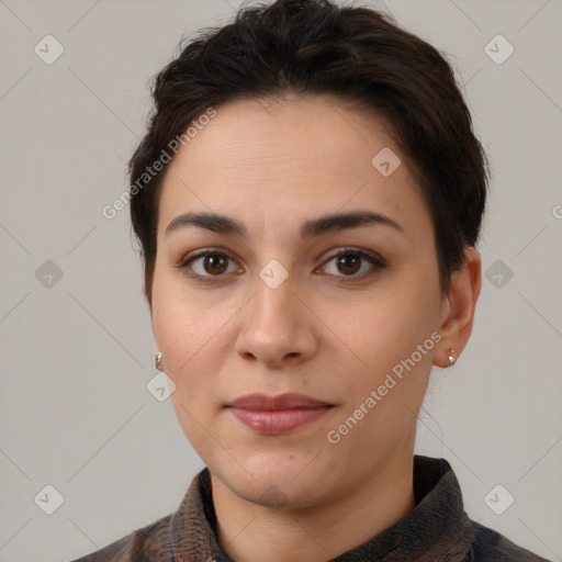 Joyful white young-adult female with short  brown hair and brown eyes