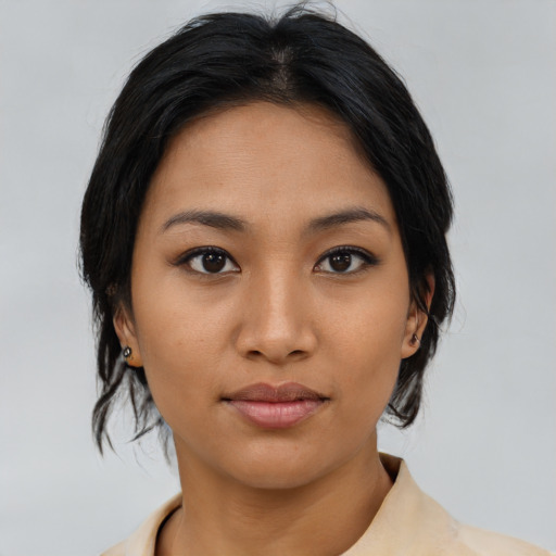 Neutral asian young-adult female with medium  black hair and brown eyes