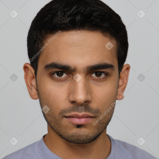 Neutral latino young-adult male with short  black hair and brown eyes