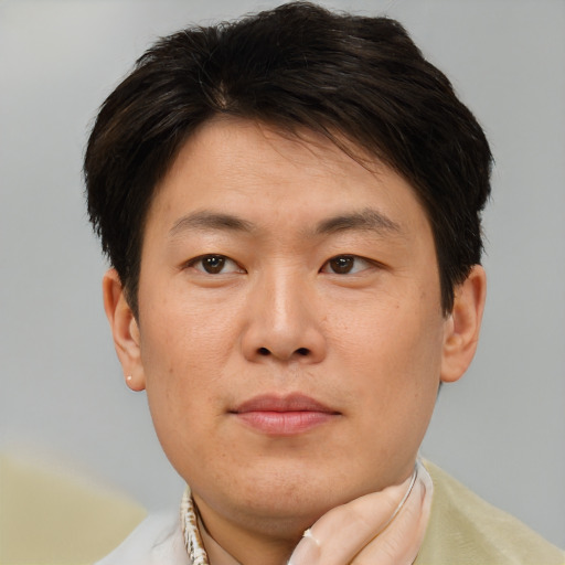 Joyful asian adult male with short  brown hair and brown eyes