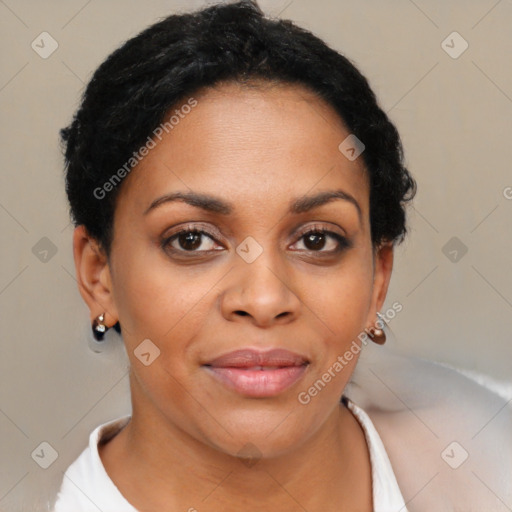 Joyful latino young-adult female with short  brown hair and brown eyes