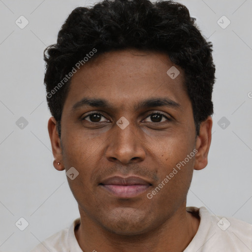 Neutral black young-adult male with short  black hair and brown eyes
