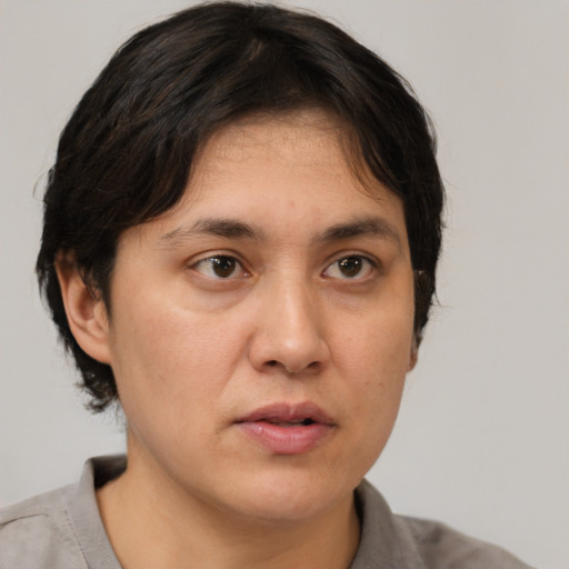 Neutral white young-adult female with medium  brown hair and brown eyes
