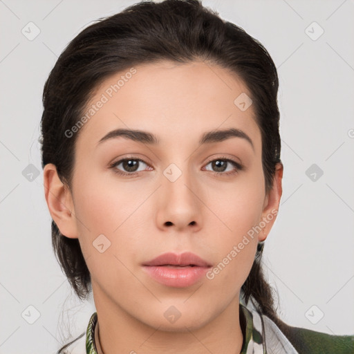 Neutral white young-adult female with medium  brown hair and brown eyes