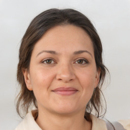 Joyful white adult female with medium  brown hair and brown eyes