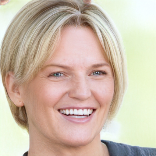 Joyful white adult female with medium  blond hair and blue eyes