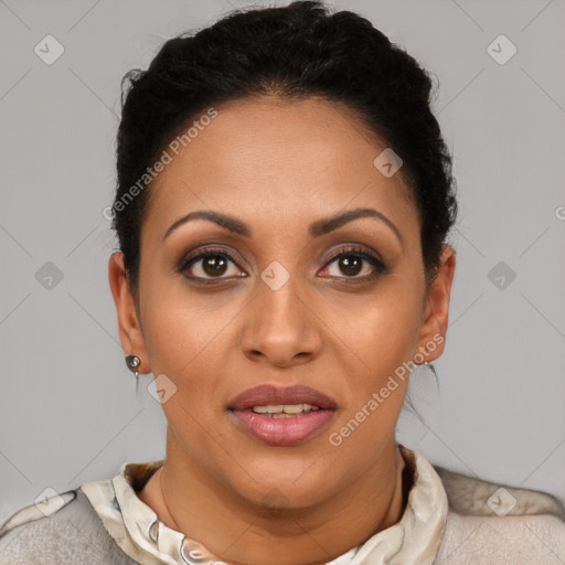 Joyful latino young-adult female with short  brown hair and brown eyes