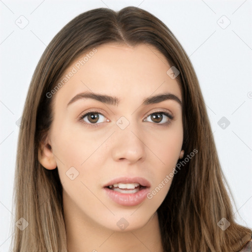 Neutral white young-adult female with long  brown hair and brown eyes