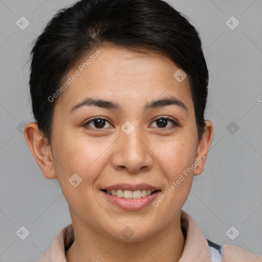 Joyful asian young-adult female with short  brown hair and brown eyes