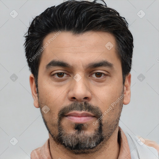 Neutral white young-adult male with short  black hair and brown eyes